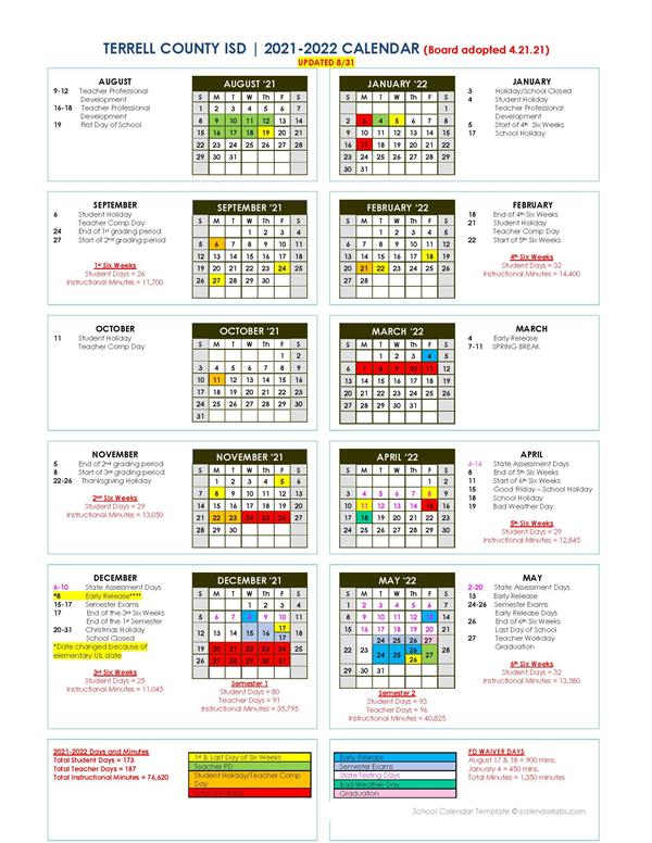 UPDATED 8.31 - ADOPTED 2021-2022 School Calendar